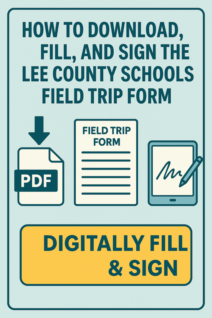 Guide to downloading, filling, and signing the Lee County Schools Field Trip Form digitally – PDF icon, form, e-signature tablet, and a bold yellow button saying 'Digitally Fill & Sign