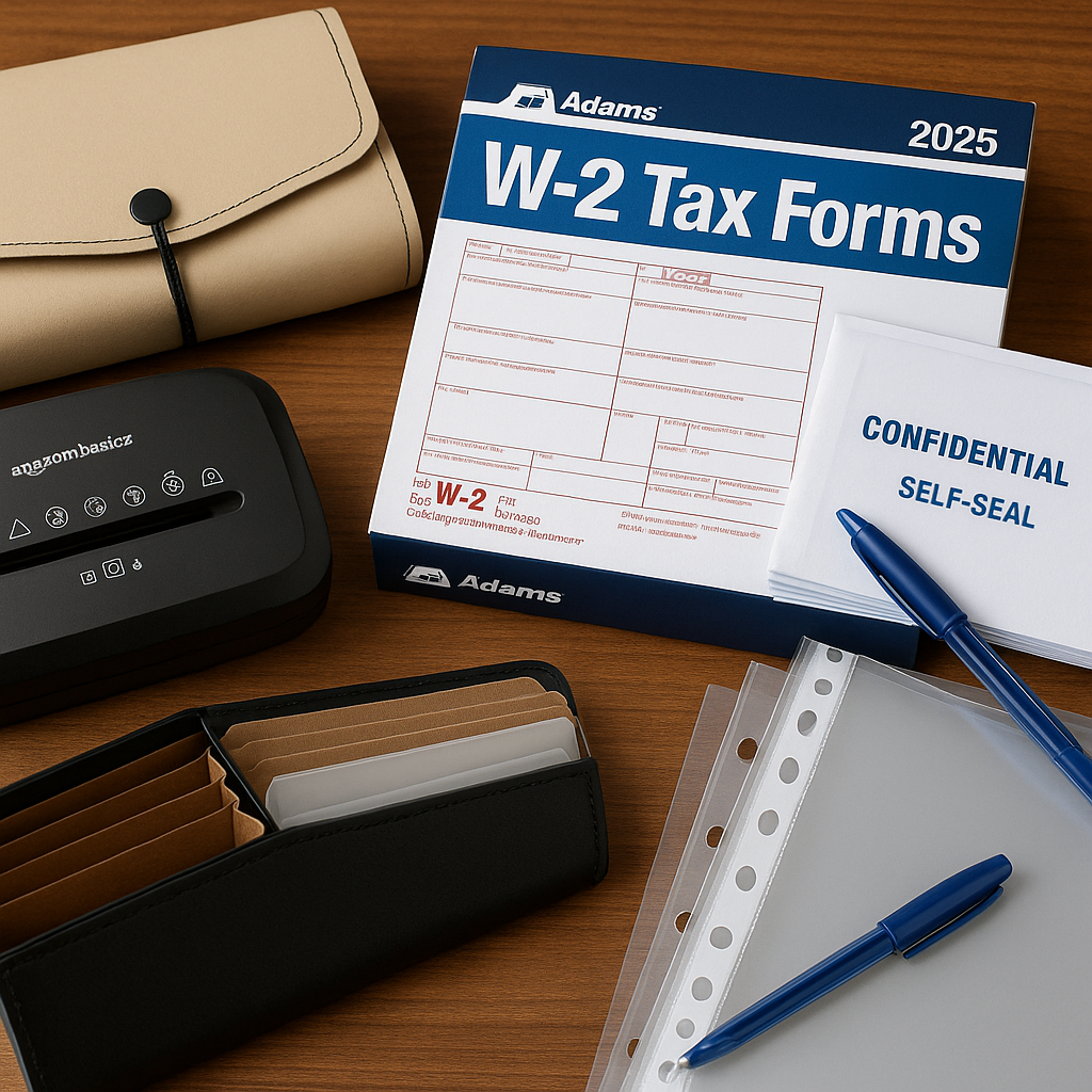 Photograph showing Adams Tax Forms, envelopes, pens, folders, and a mini shredder on a desk, illustrating essential tax filing supplies for individuals and small businesses.