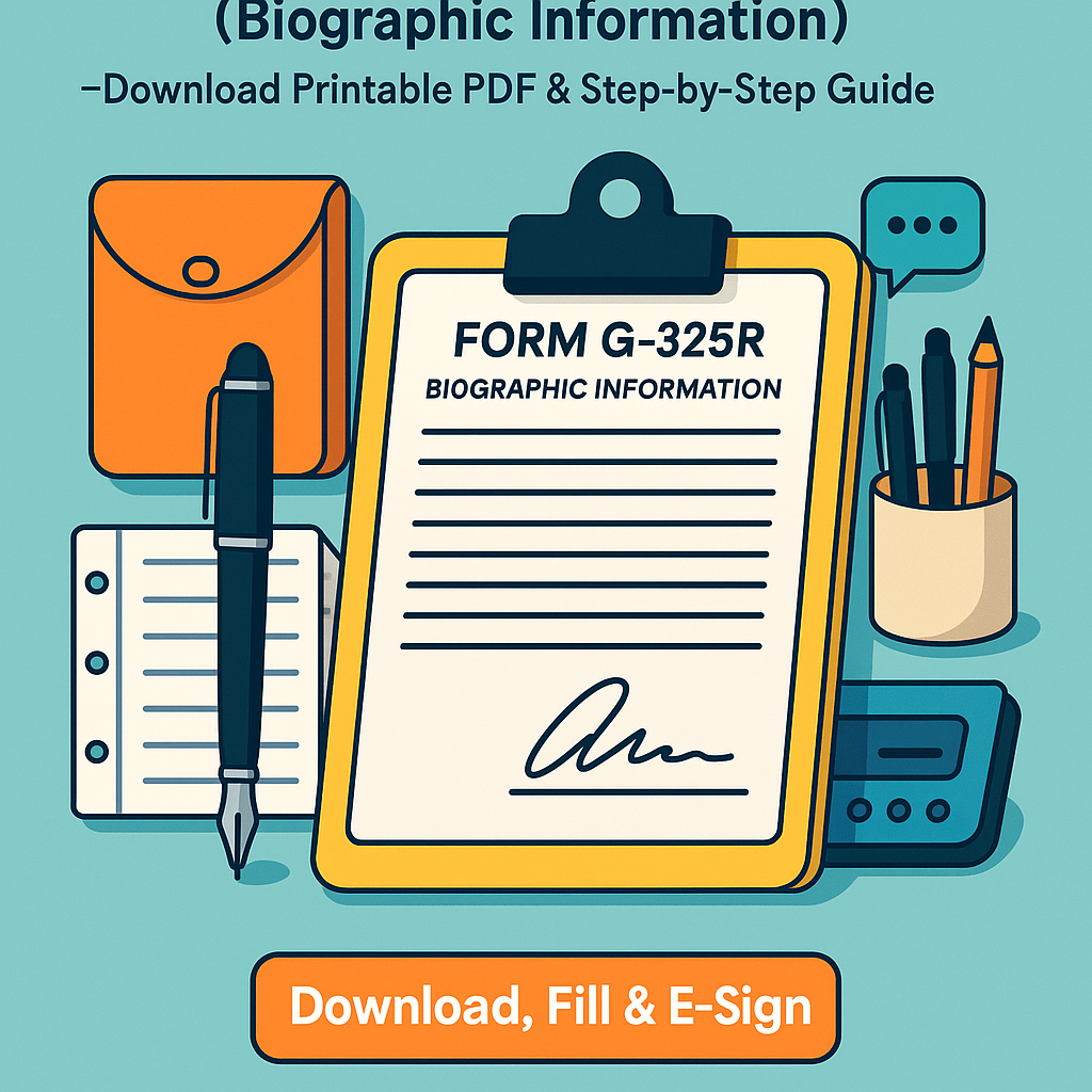 Illustration of the Form G-325R Biographic Information with a clipboard, pen, folder, and office supplies, highlighting a "Download, Fill & E-Sign" button—perfect for an article about completing and e-signing the form online
