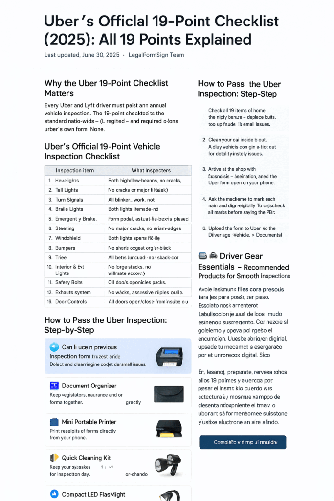 Uber Inspection Checklist 2025 - Illustrated step-by-step guide showing a certified mechanic and Uber driver reviewing the 19-point inspection form, with checkmarks on key vehicle safety items.