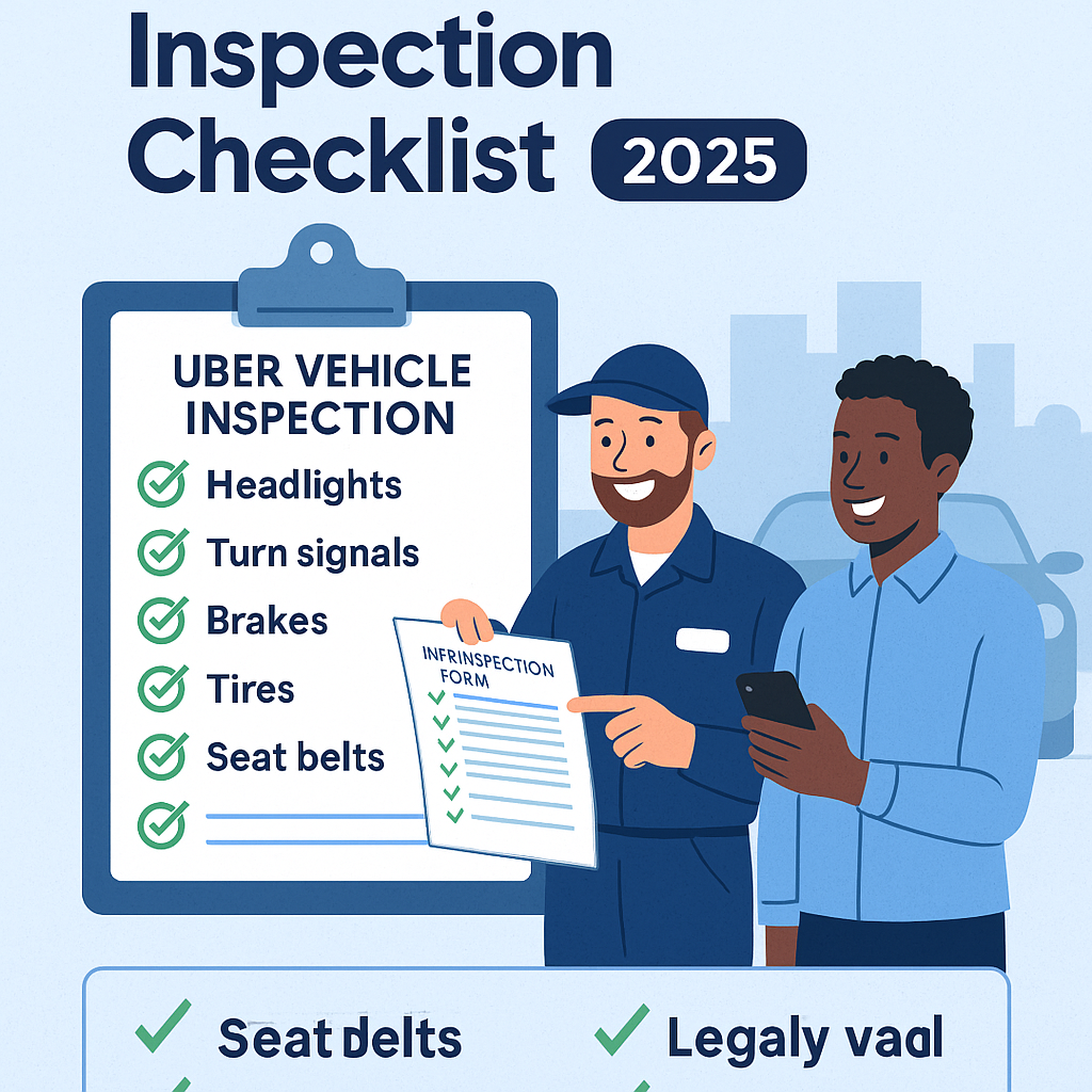 A friendly mechanic and Uber driver reviewing the Uber vehicle inspection checklist 2025 with a clipboard and a car in the background, highlighting approved items like headlights, brakes, tires, and seat belts in a blue-themed infographic.