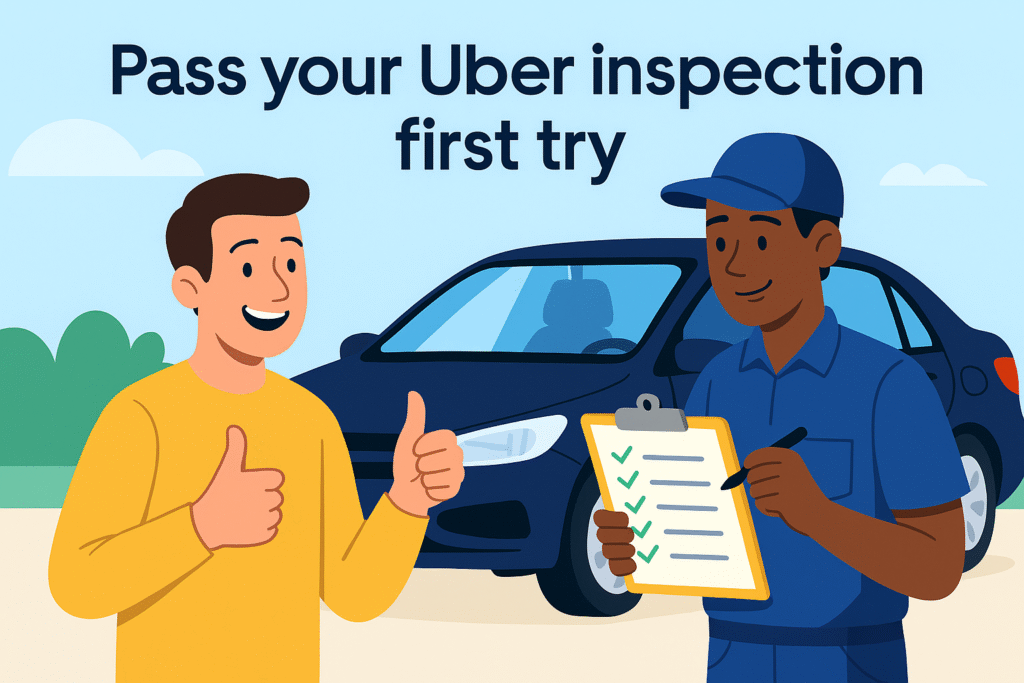 Illustration of a happy Uber driver giving a thumbs-up while a mechanic checks off items on a clipboard in front of the car, with the headline ‘Pass your Uber inspection first try