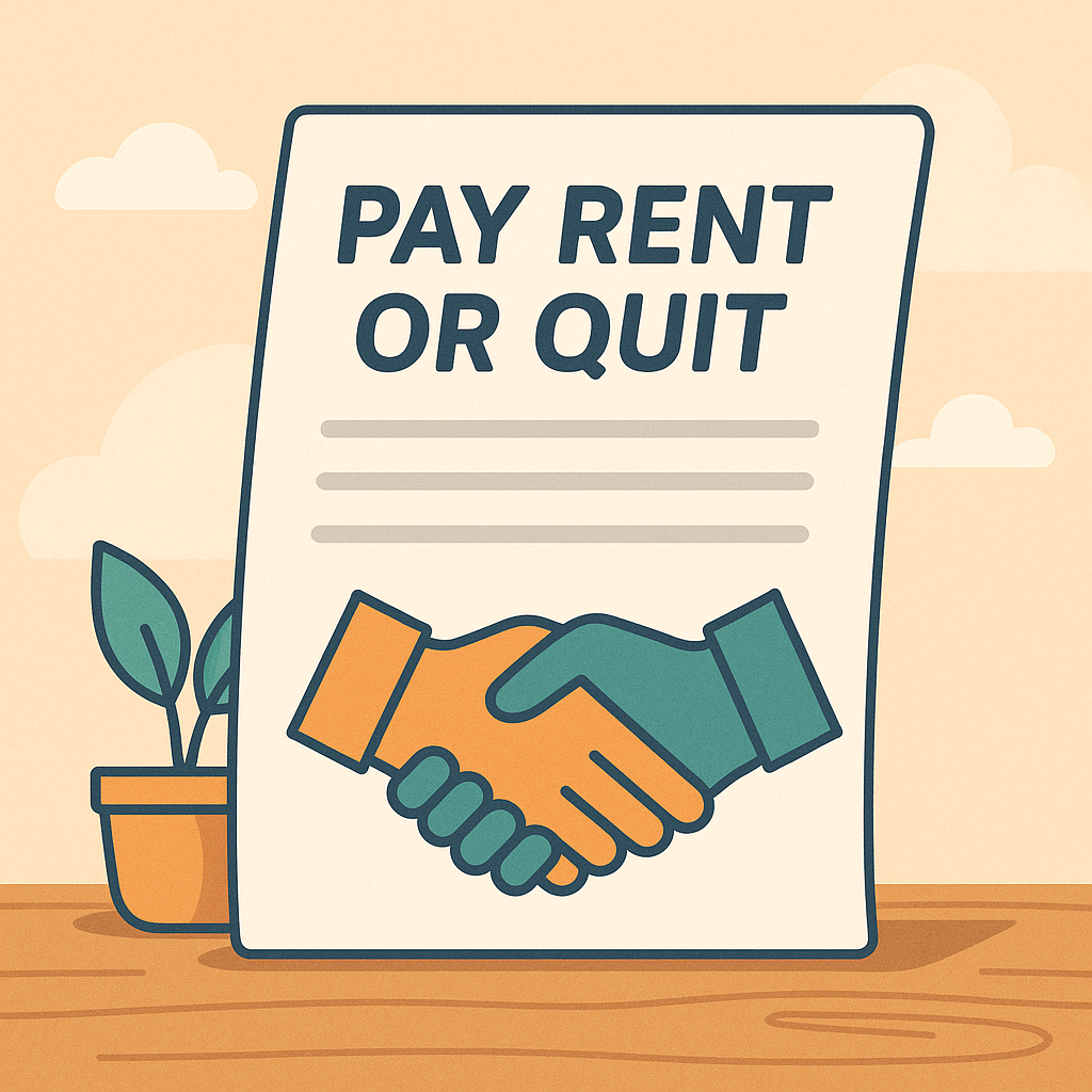 Illustration of a “Pay Rent or Quit” notice on a desk with a handshake icon – Eviction Notice article hero image