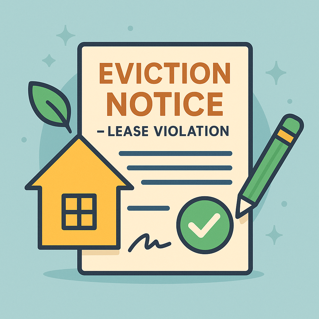 Flat-style illustration showing an ‘Eviction Notice – Lease Violation’ document with a friendly yellow house icon, green check-mark and pencil on a calm blue background.