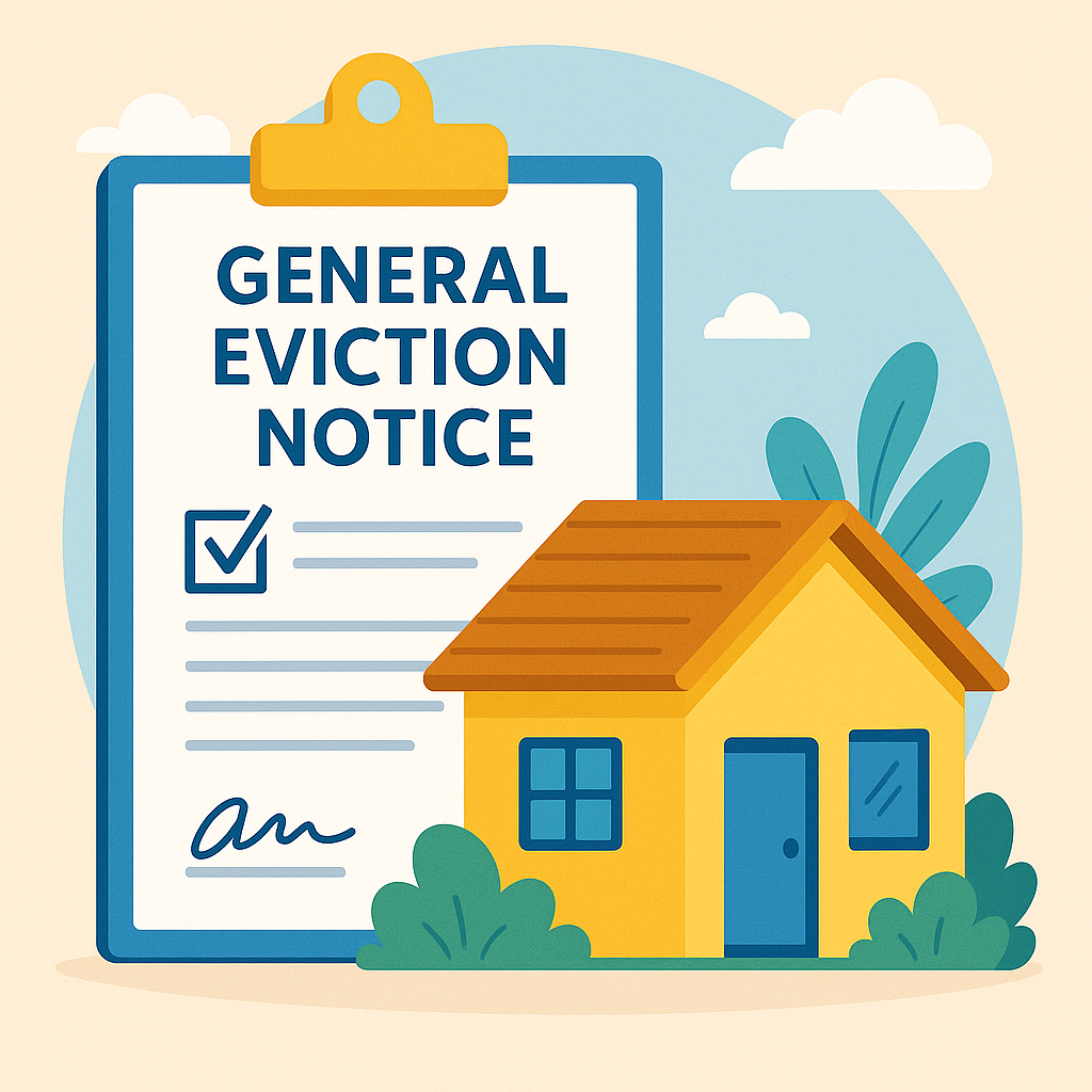 Illustration of a landlord and tenant calmly reviewing a General Eviction Notice form together, representing a respectful eviction process