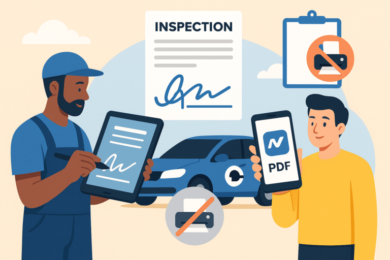 Mechanic signing Uber vehicle inspection form on tablet – digital signature